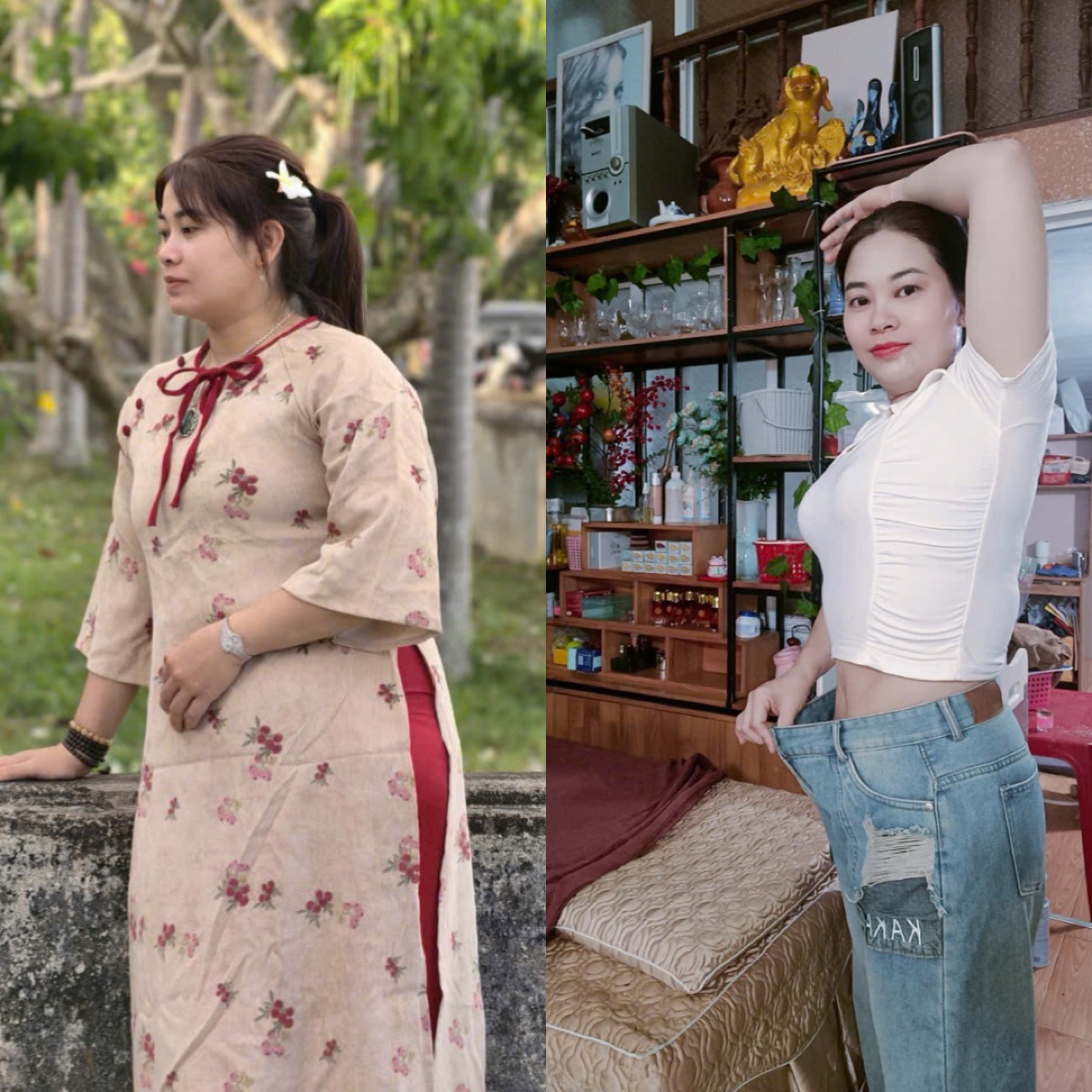 Chị Thanh — học viên khoá bấm huyệt giảm béo: trước và sau khi học, vóc dáng thon gọn rõ rệt